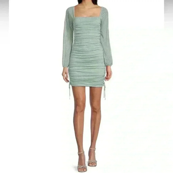 Jump Dresses & Skirts - Jump Apparel Glitter Square Neck Ruched Long Sleeve W/ Ties At Hemline Dress M